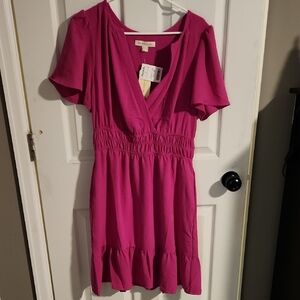 Monteau Hot Pink V-Neck Dress with Flutter Detail